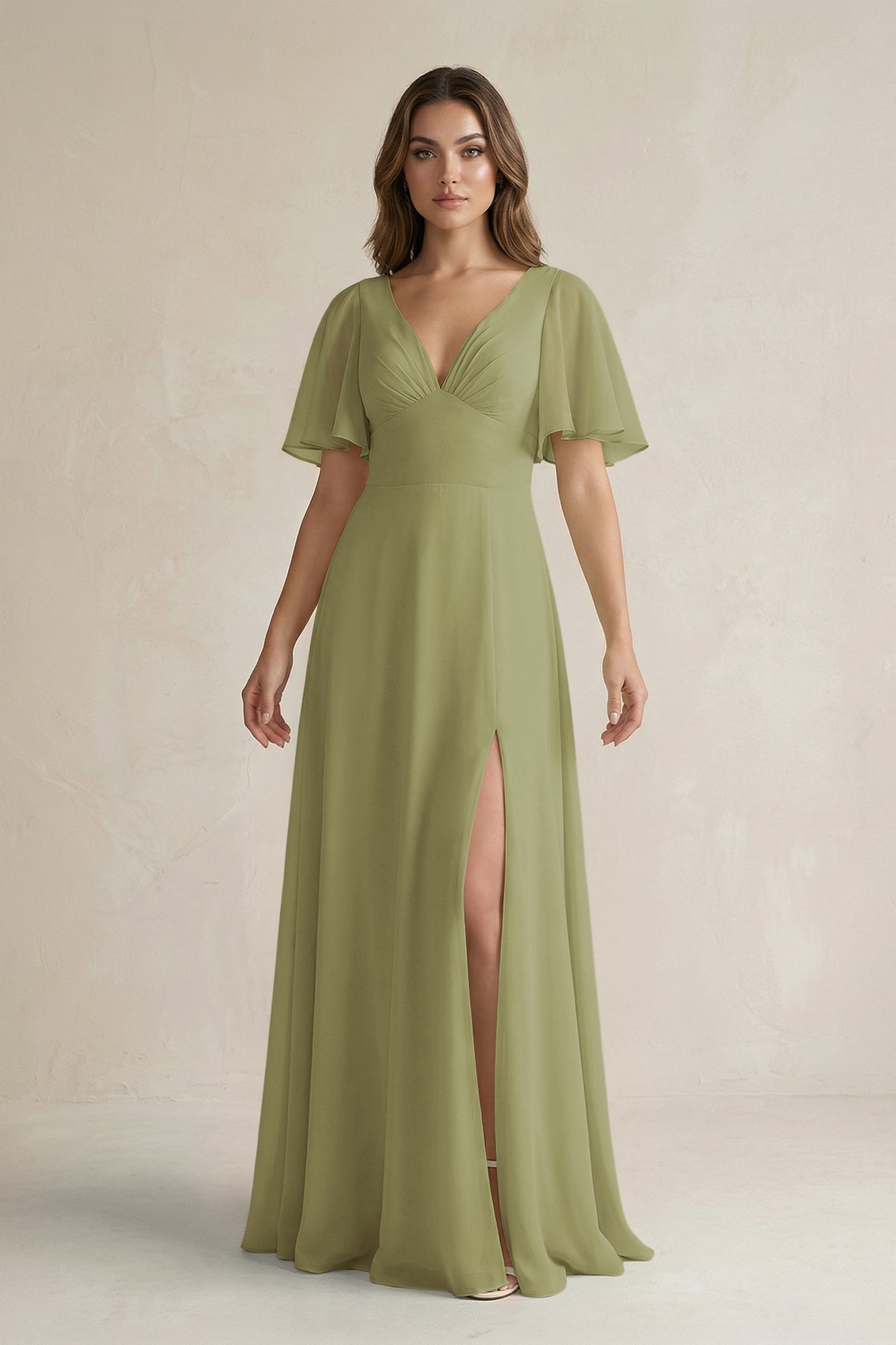 KissProm Flutter Sleeve V-Neck A-Line Chiffon Bridesmaid Dress in Moss Green, Moss Green / 4