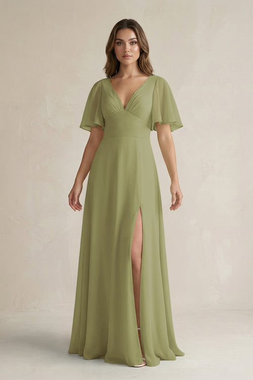 Flutter Sleeve V-Neck A-Line Chiffon Bridesmaid Dress in Moss Green