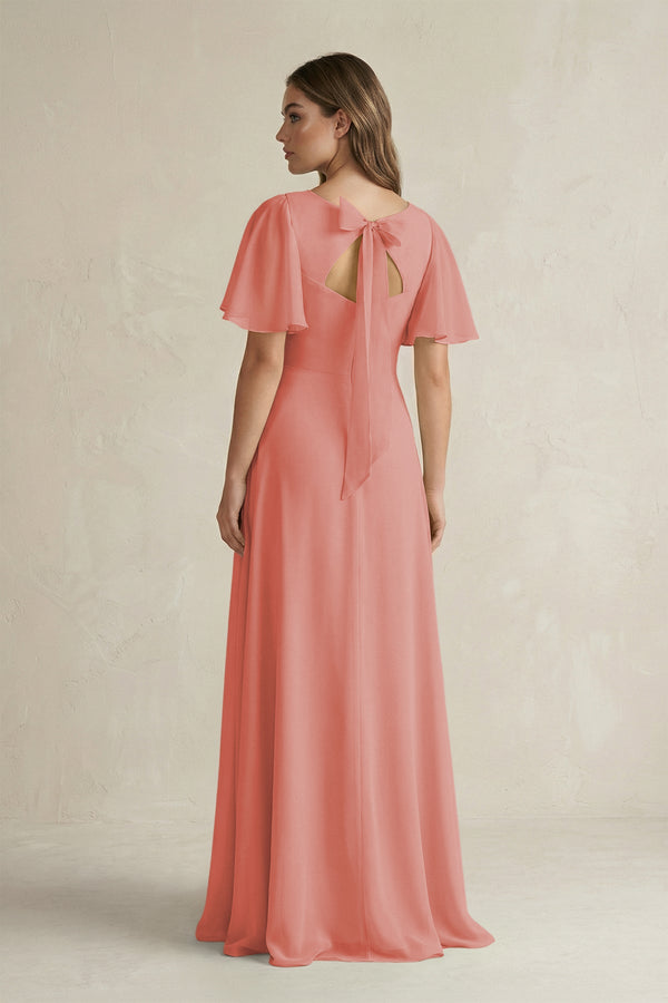 Flutter Sleeve V-Neck A-Line Chiffon Bridesmaid Dress in Mulberry