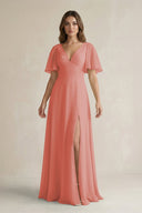 Flutter Sleeve V-Neck A-Line Chiffon Bridesmaid Dress in Mulberry