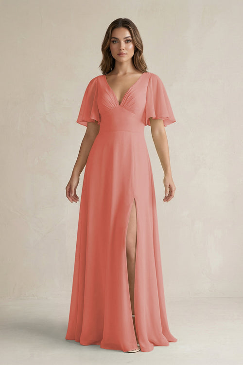 Flutter Sleeve V-Neck A-Line Chiffon Bridesmaid Dress in Mulberry