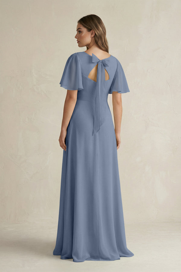 Flutter Sleeve V-Neck A-Line Chiffon Bridesmaid Dress in Neptune