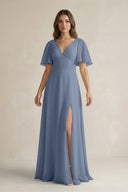 Flutter Sleeve V-Neck A-Line Chiffon Bridesmaid Dress in Neptune