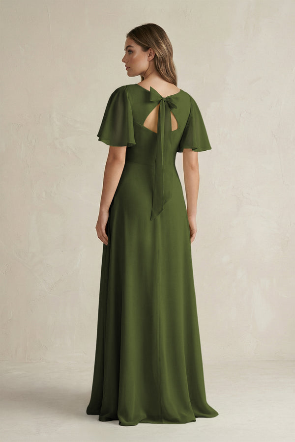 Flutter Sleeve V-Neck A-Line Chiffon Bridesmaid Dress in Olive