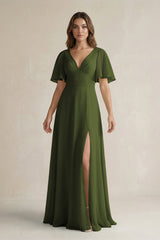 Flutter Sleeve V-Neck A-Line Chiffon Bridesmaid Dress in Olive