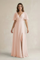 Flutter Sleeve V-Neck A-Line Chiffon Bridesmaid Dress in Pale Blush