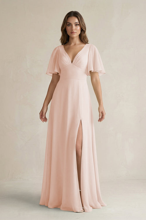 Flutter Sleeve V-Neck A-Line Chiffon Bridesmaid Dress in Pale Blush