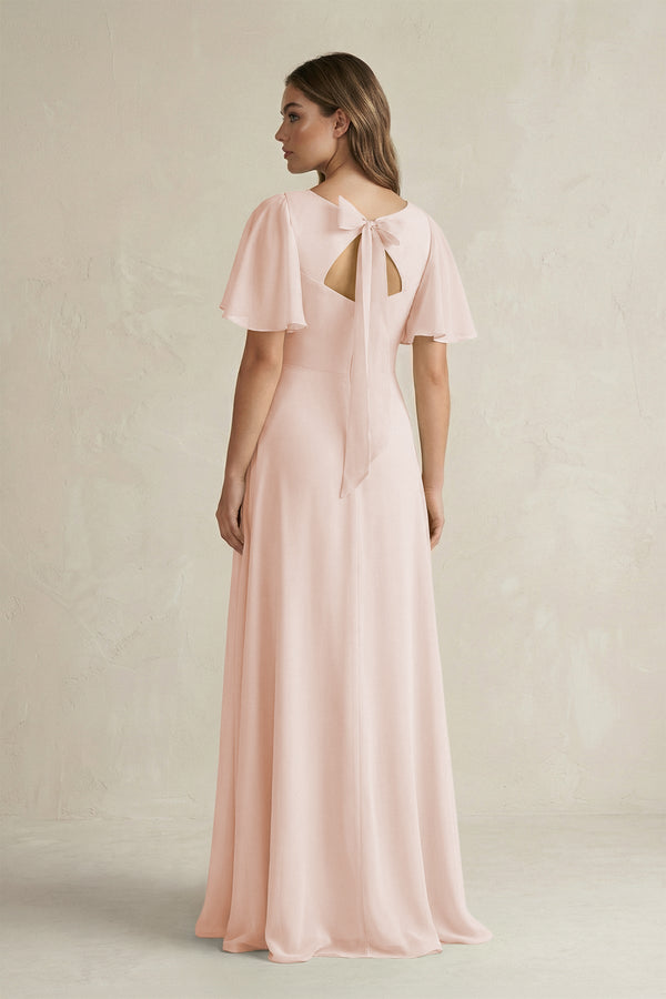 Flutter Sleeve V-Neck A-Line Chiffon Bridesmaid Dress in Pale Blush