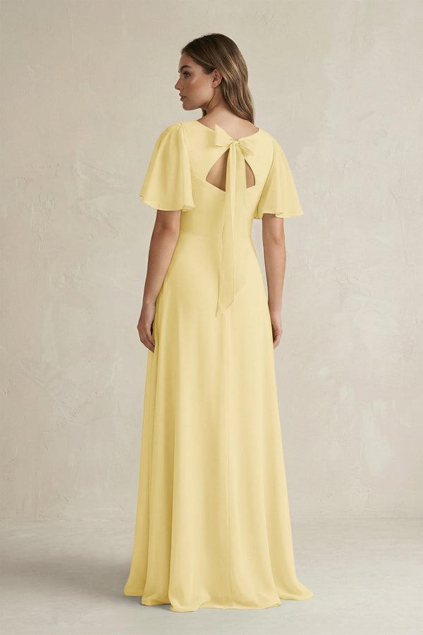 Flutter Sleeve V-Neck A-Line Chiffon Bridesmaid Dress in Pastel Yellow