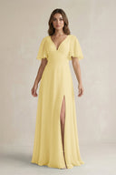 Flutter Sleeve V-Neck A-Line Chiffon Bridesmaid Dress in Pastel Yellow