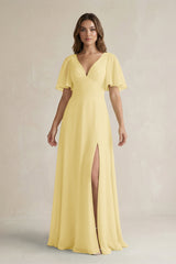 Flutter Sleeve V-Neck A-Line Chiffon Bridesmaid Dress in Pastel Yellow