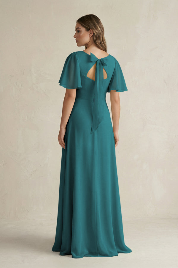 Flutter Sleeve V-Neck A-Line Chiffon Bridesmaid Dress in Pine