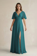 Flutter Sleeve V-Neck A-Line Chiffon Bridesmaid Dress in Pine