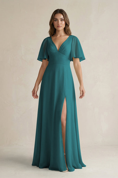 Flutter Sleeve V-Neck A-Line Chiffon Bridesmaid Dress in Pine