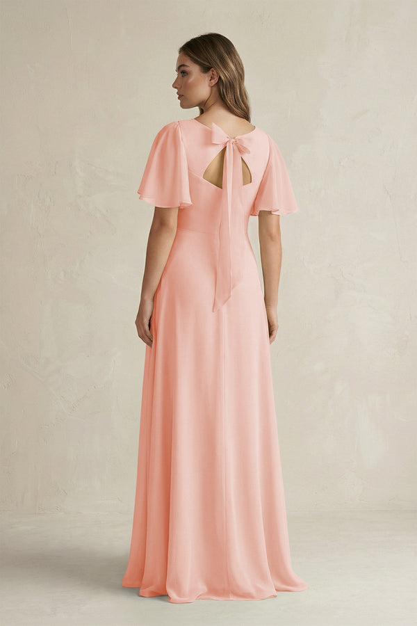 Flutter Sleeve V-Neck A-Line Chiffon Bridesmaid Dress in Rose Petal