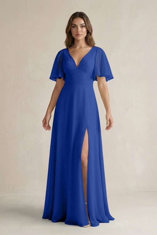 Flutter Sleeve V-Neck A-Line Chiffon Bridesmaid Dress in Royal Blue