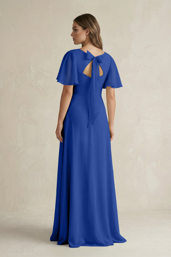 Flutter Sleeve V-Neck A-Line Chiffon Bridesmaid Dress in Royal Blue