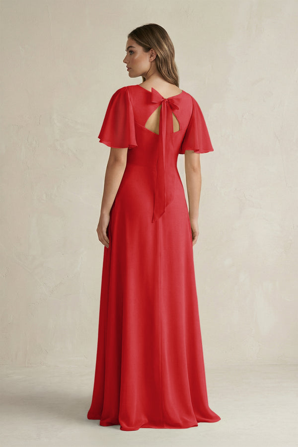 Flutter Sleeve V-Neck A-Line Chiffon Bridesmaid Dress in Ruby Red