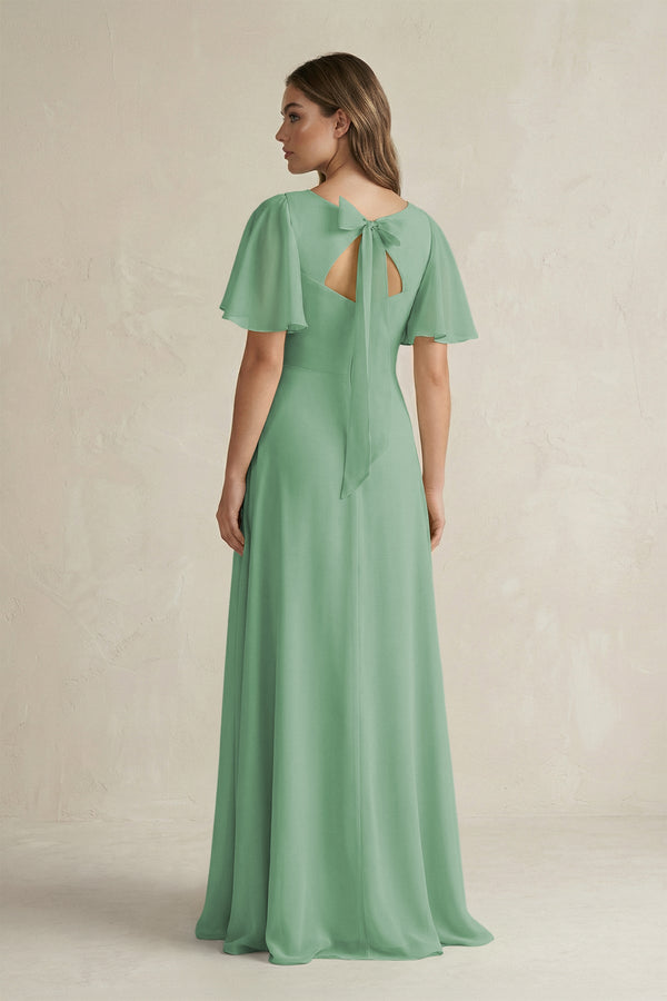 Flutter Sleeve V-Neck A-Line Chiffon Bridesmaid Dress in Sea Glass
