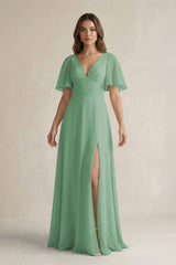 Flutter Sleeve V-Neck A-Line Chiffon Bridesmaid Dress in Sea Glass