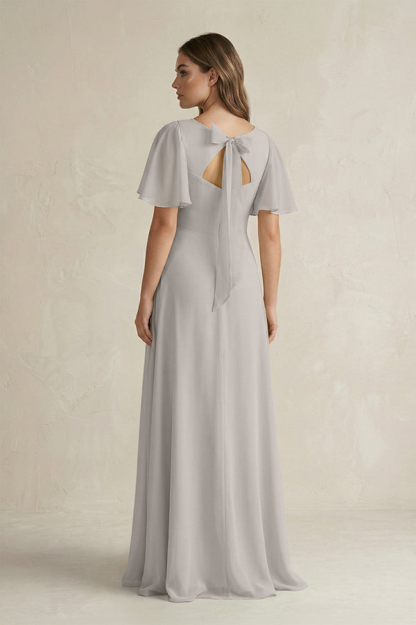 Flutter Sleeve V-Neck A-Line Chiffon Bridesmaid Dress in Silver