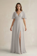 Flutter Sleeve V-Neck A-Line Chiffon Bridesmaid Dress in Silver