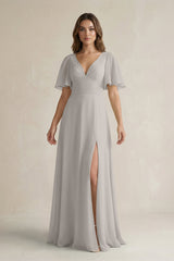 Flutter Sleeve V-Neck A-Line Chiffon Bridesmaid Dress in Silver