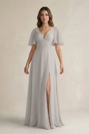 Flutter Sleeve V-Neck A-Line Chiffon Bridesmaid Dress in Silver