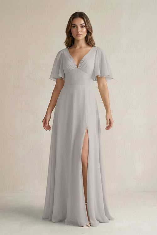 Flutter Sleeve V-Neck A-Line Chiffon Bridesmaid Dress in Silver
