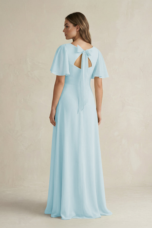 Flutter Sleeve V-Neck A-Line Chiffon Bridesmaid Dress in Sky Blue