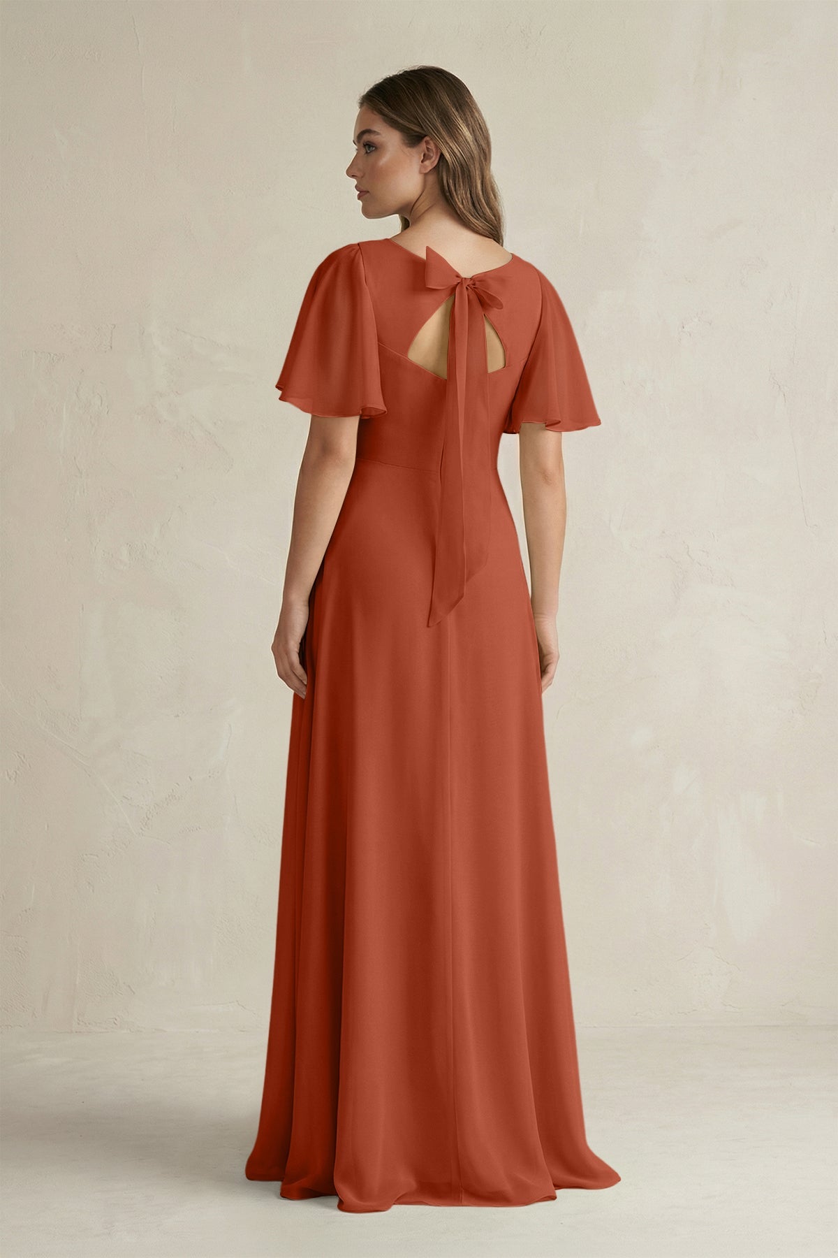 bhldn asha flutter-sleeve v-neck chiffon maxi dress KissProm Flutter Sleeve A-Line Bridesmaid in Spice, Spice / 18 17 Modest Christmas Dresses SD-06.25.26 Color:burnt orange