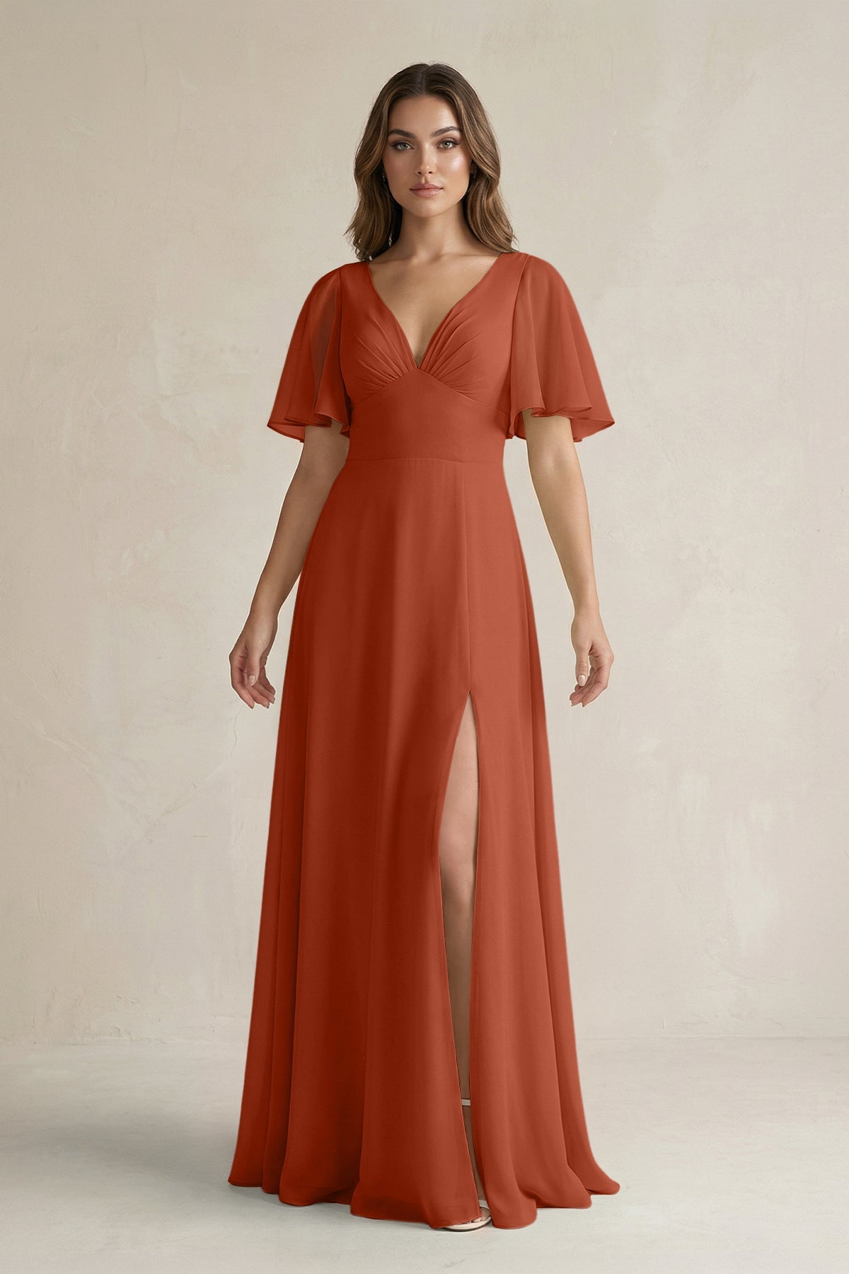 v neck chiffon dress vestidos KissProm Flutter Sleeve V-Neck A-Line Bridesmaid in Spice, Spice / 18 Color:Spa ModelID: 158 Xscape Petite Asymmetric Front with thick straps and