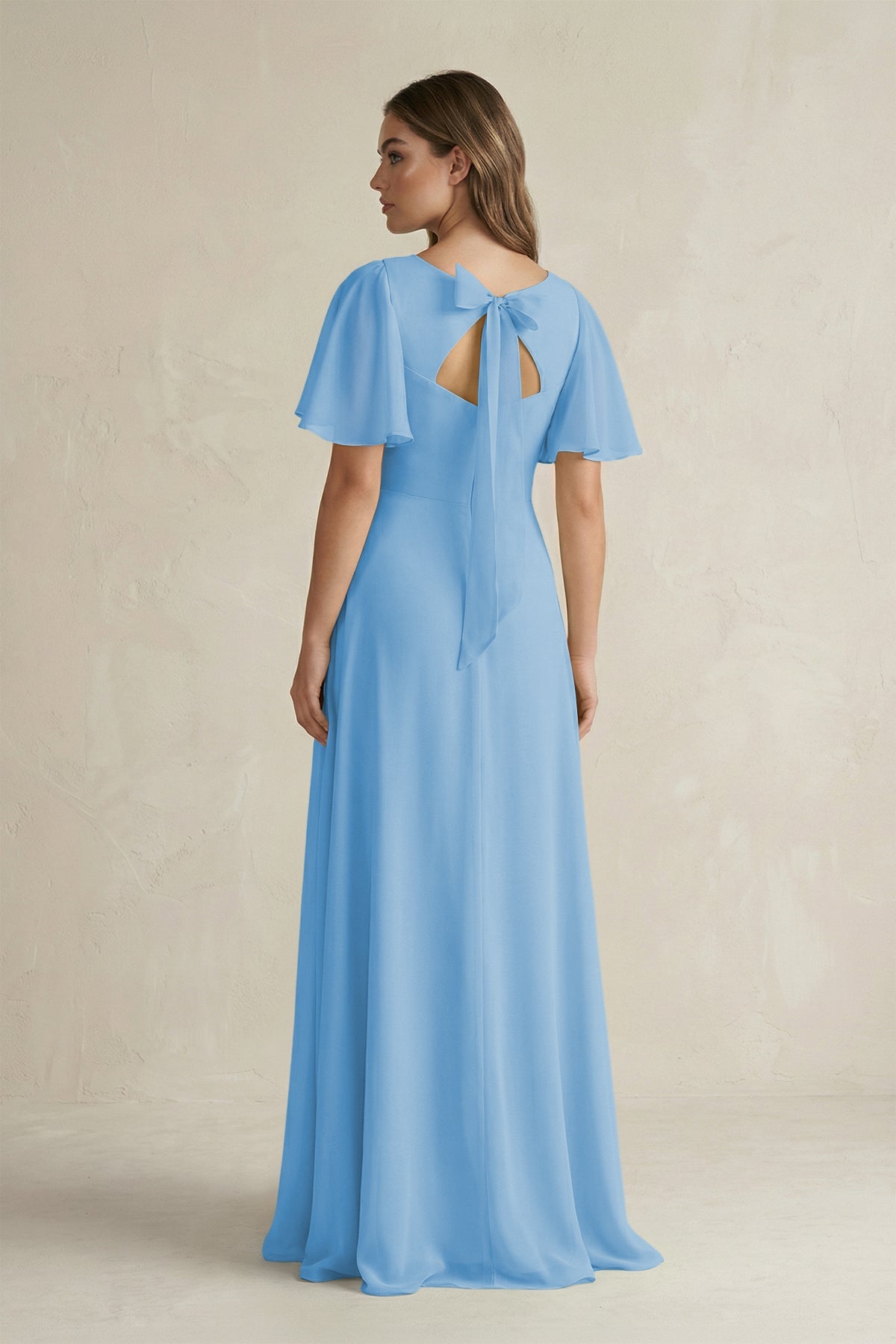 dress steel blue KissProm Flutter Sleeve V-Neck A-Line Chiffon Bridesmaid in Blue, Steel / 20 neckline and side slit Finish:Blonde Vintage 90s - Early over-200
