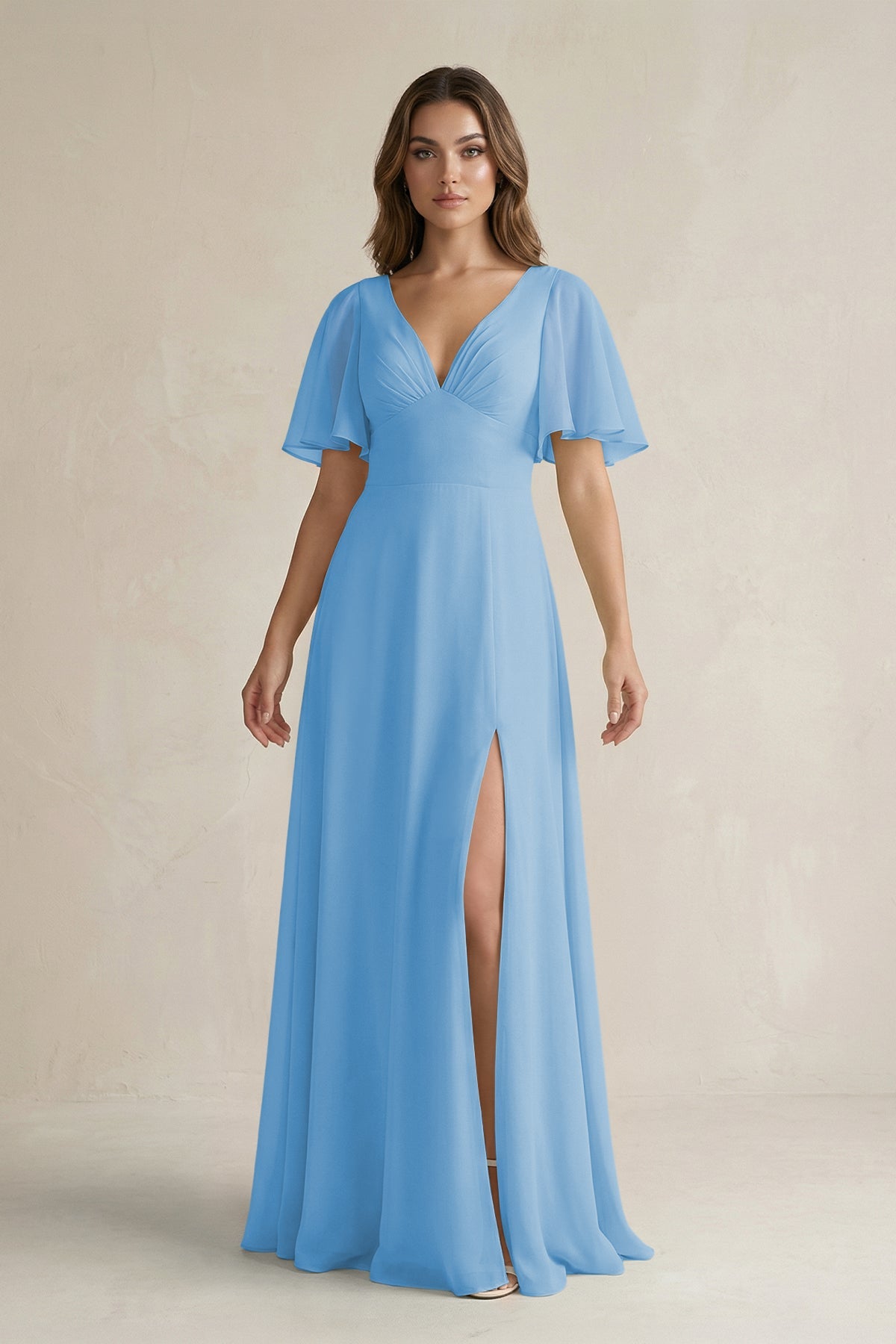 KissProm Flutter Sleeve V-Neck A-Line Chiffon Bridesmaid Dress in Steel Blue, Steel Blue / 20