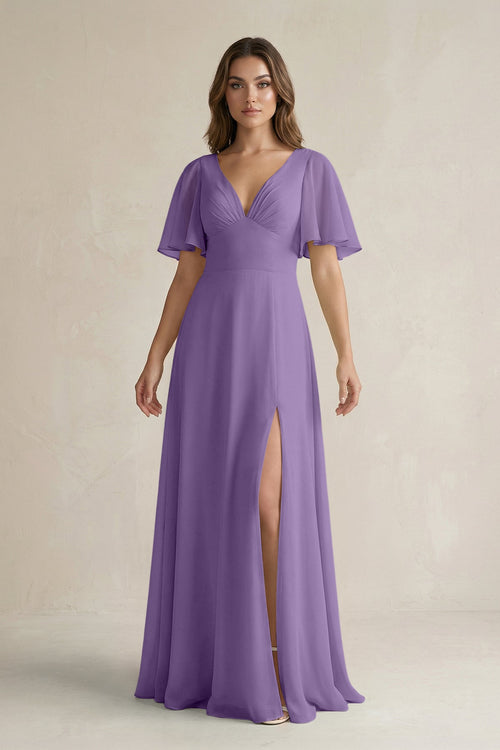 Flutter Sleeve V-Neck A-Line Chiffon Bridesmaid Dress in Tahiti