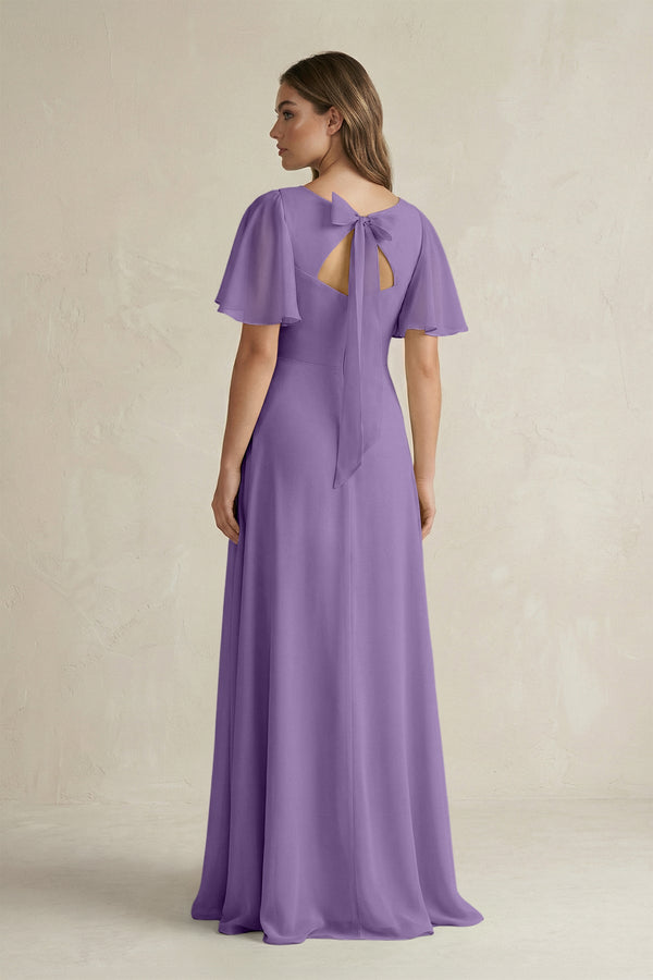Flutter Sleeve V-Neck A-Line Chiffon Bridesmaid Dress in Tahiti