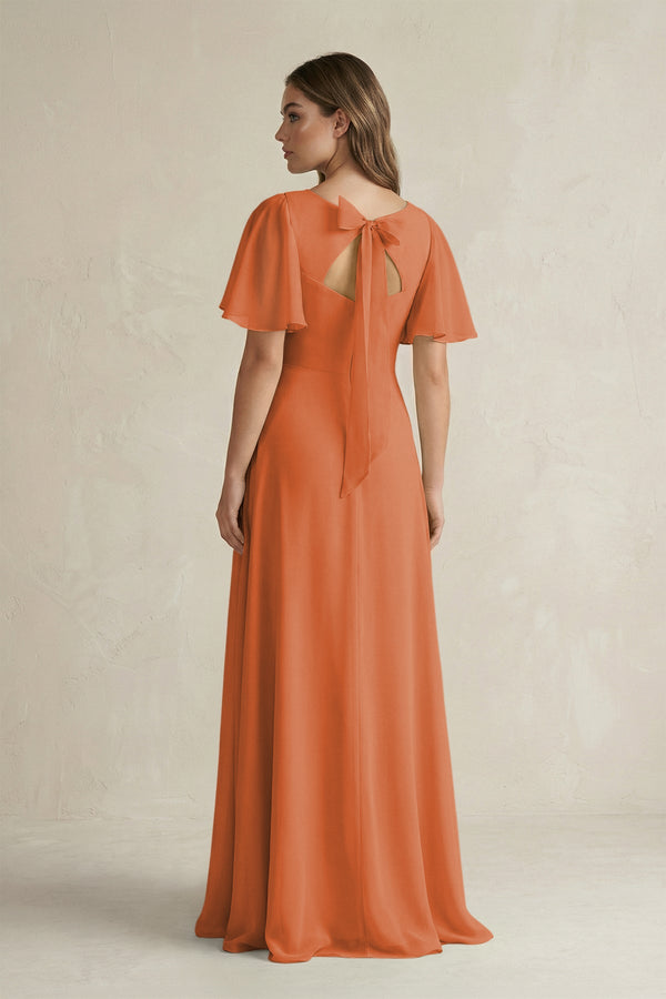 Flutter Sleeve V-Neck A-Line Chiffon Bridesmaid Dress in Terracotta