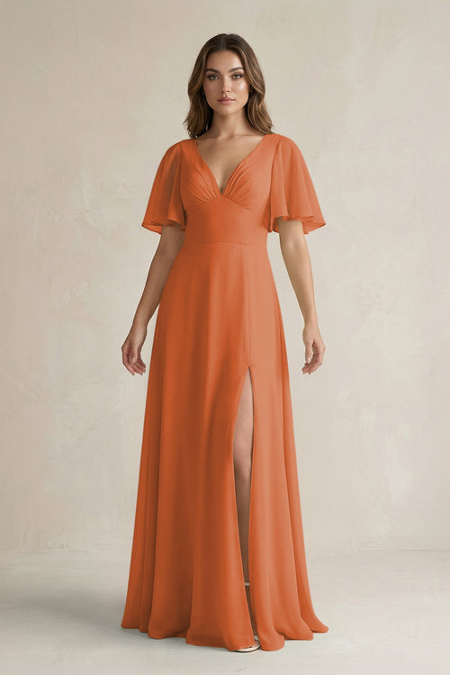 Flutter Sleeve V-Neck A-Line Chiffon Bridesmaid Dress in Terracotta