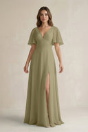 Flutter Sleeve V-Neck A-Line Chiffon Bridesmaid Dress in Thyme