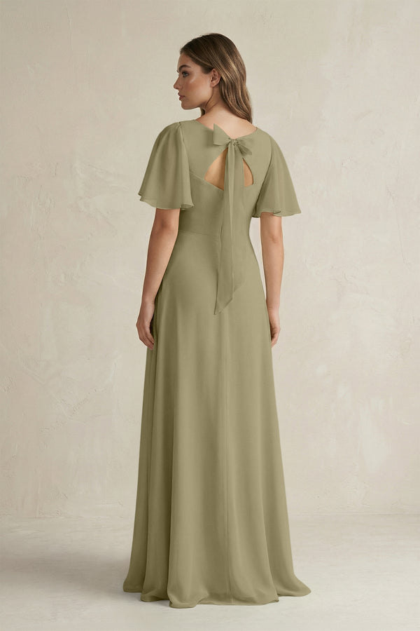 Flutter Sleeve V-Neck A-Line Chiffon Bridesmaid Dress in Thyme