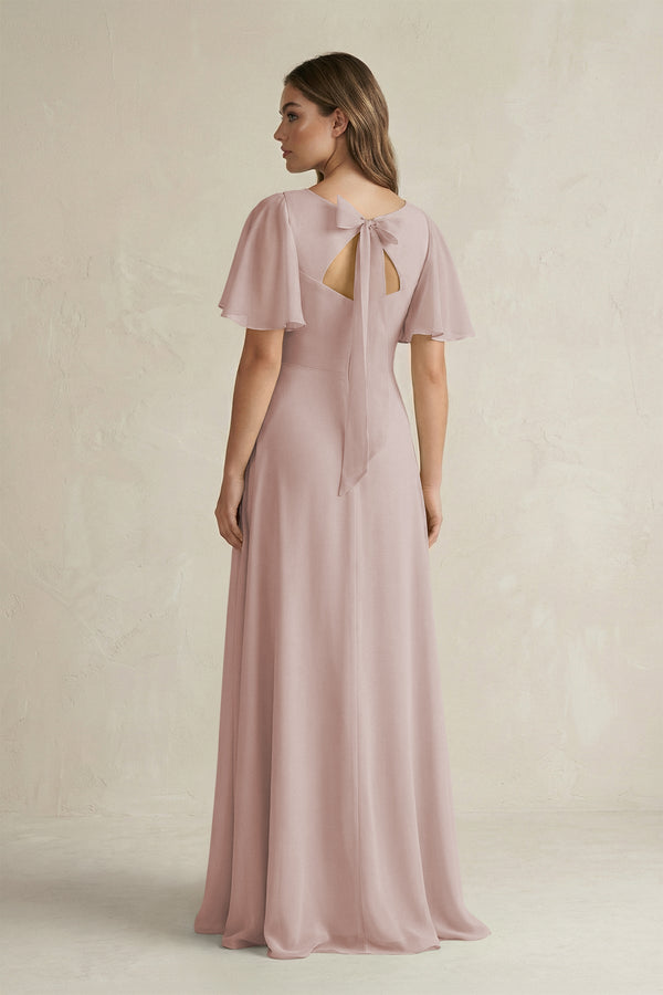 Flutter Sleeve V-Neck A-Line Chiffon Bridesmaid Dress in Toffee