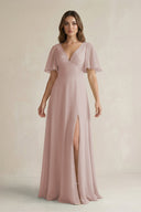 Flutter Sleeve V-Neck A-Line Chiffon Bridesmaid Dress in Toffee