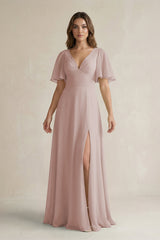 Flutter Sleeve V-Neck A-Line Chiffon Bridesmaid Dress in Toffee