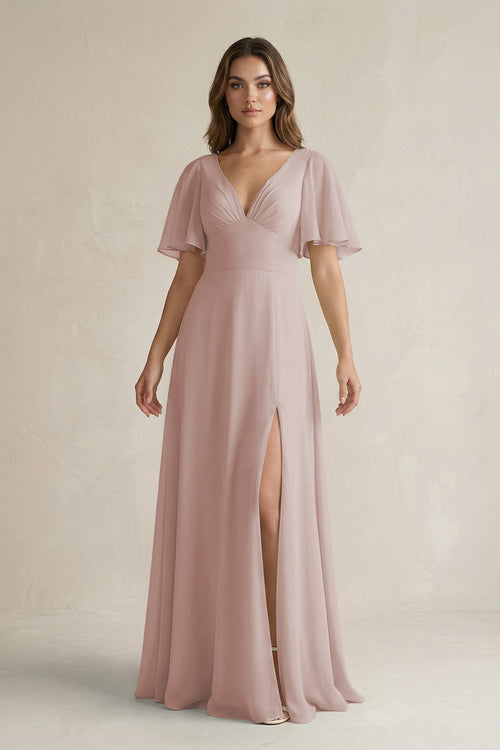 Flutter Sleeve V-Neck A-Line Chiffon Bridesmaid Dress in Toffee