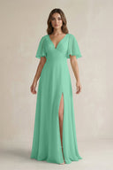 Flutter Sleeve V-Neck A-Line Chiffon Bridesmaid Dress in Turquoise