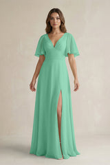 Flutter Sleeve V-Neck A-Line Chiffon Bridesmaid Dress in Turquoise