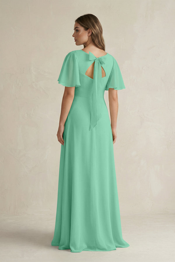 Flutter Sleeve V-Neck A-Line Chiffon Bridesmaid Dress in Turquoise