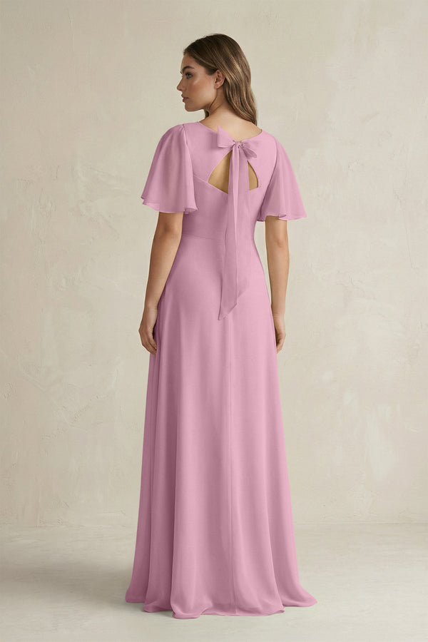 Flutter Sleeve V-Neck A-Line Chiffon Bridesmaid Dress in Vintage Mauve