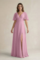 Flutter Sleeve V-Neck A-Line Chiffon Bridesmaid Dress in Vintage Mauve