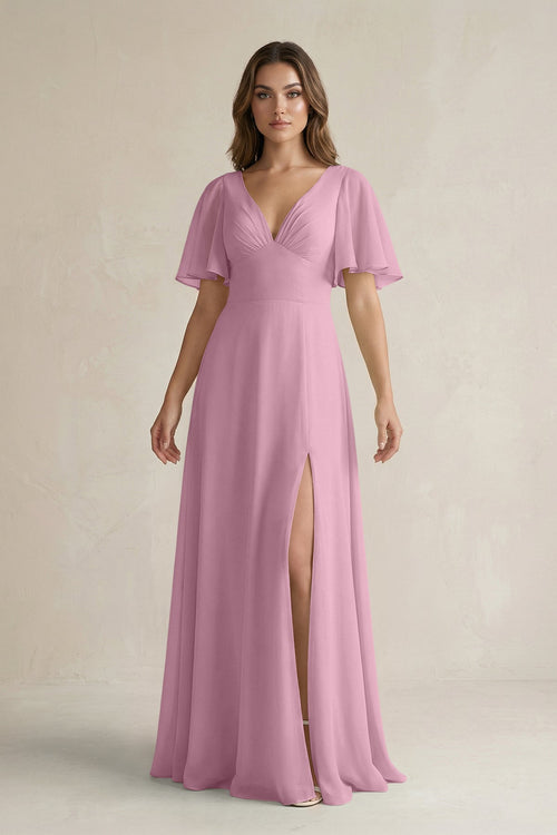 Flutter Sleeve V-Neck A-Line Chiffon Bridesmaid Dress in Vintage Mauve